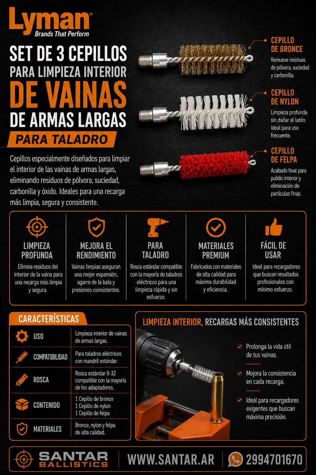 Kit de cepillos, alambre , plastico y felpa para limpieza interior de vainas armas largas - Santar Ballistics