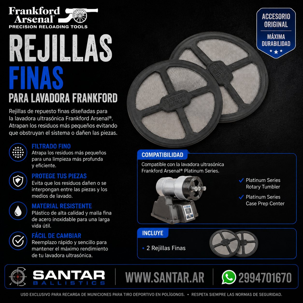 Rejillas finas para lavadora de vainas frankford - 1 unidad - Santar Ballistics