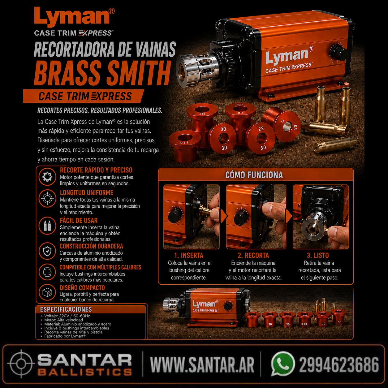Lyman, recortadora de estuche Brass Smith Case Trim Xpress - Santar Ballistics