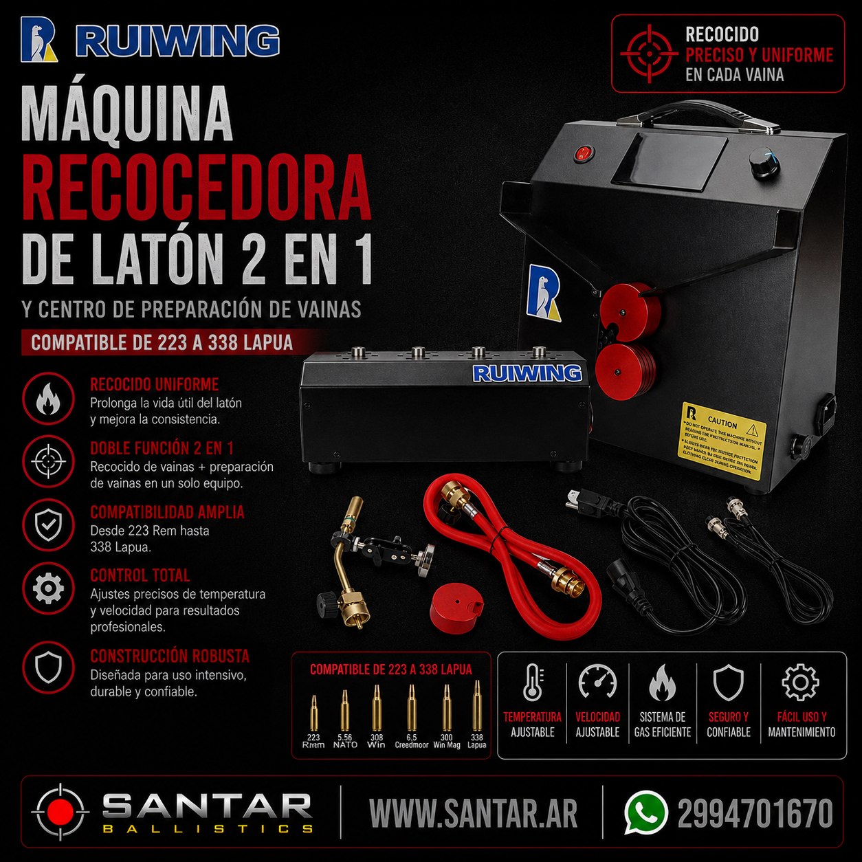 Máquina recocedora de latón 2 en 1 y centro de preparación de Vainas, compatible de 223 a 338 Lapua. - Santar Ballistics