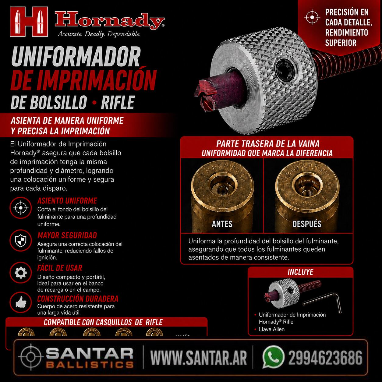 Hornady 041211 Uniformador de cavidad de fulminante, Rifle - Santar Ballistics