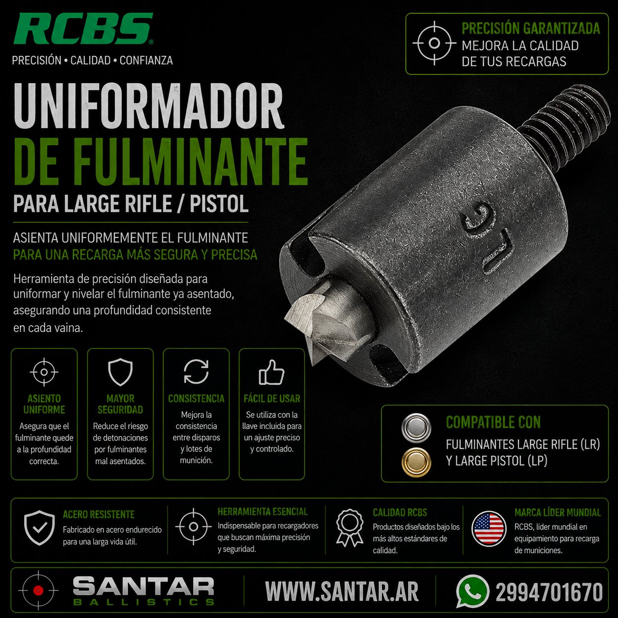 UNIFORMADOR RCBS DE FULMINANTE PARA LARGE RIFLE/PISTOL - Santar Ballistics