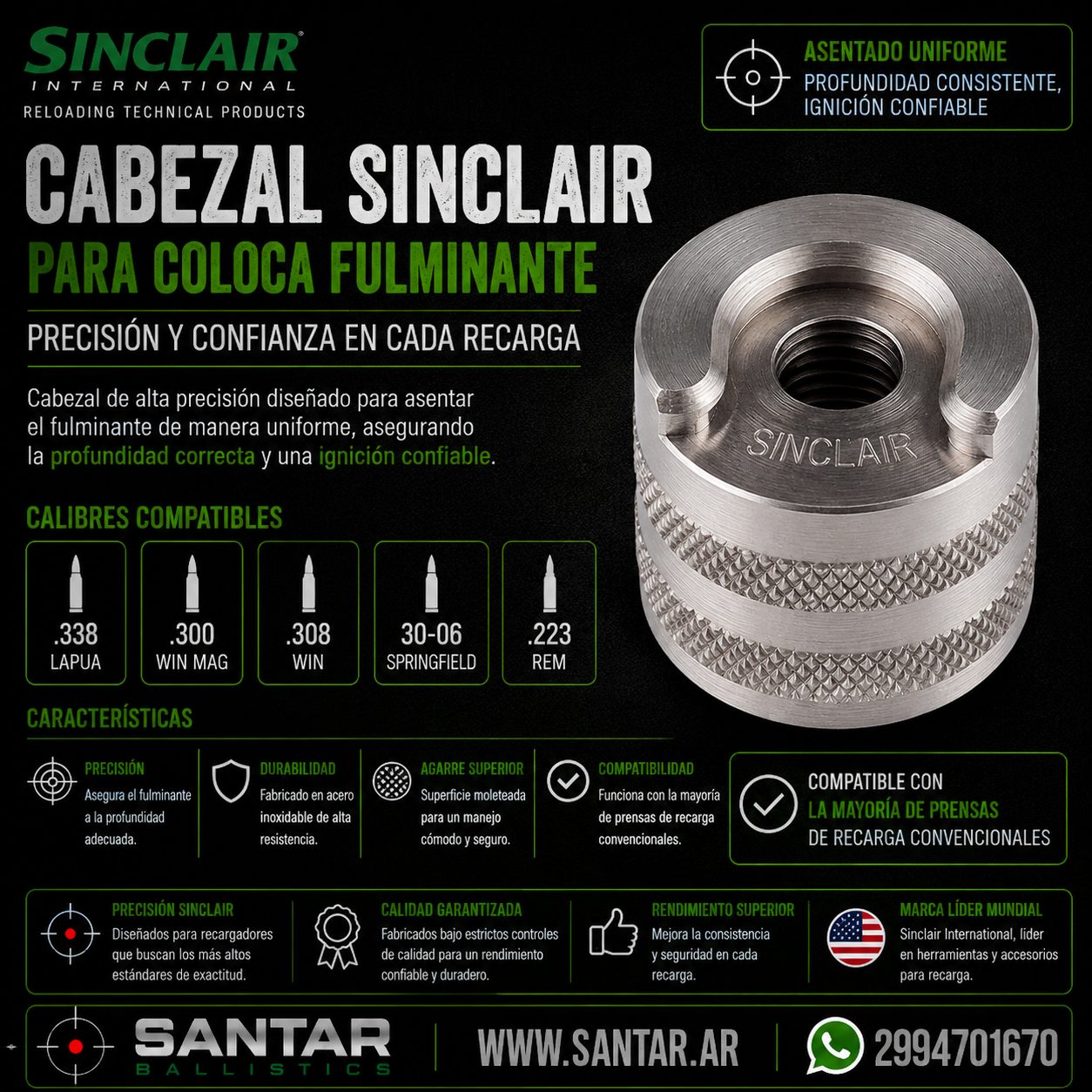 CABEZAL SINCLAIR PARA COLOCA FULMINANTE 223REM #1 - Santar Ballistics