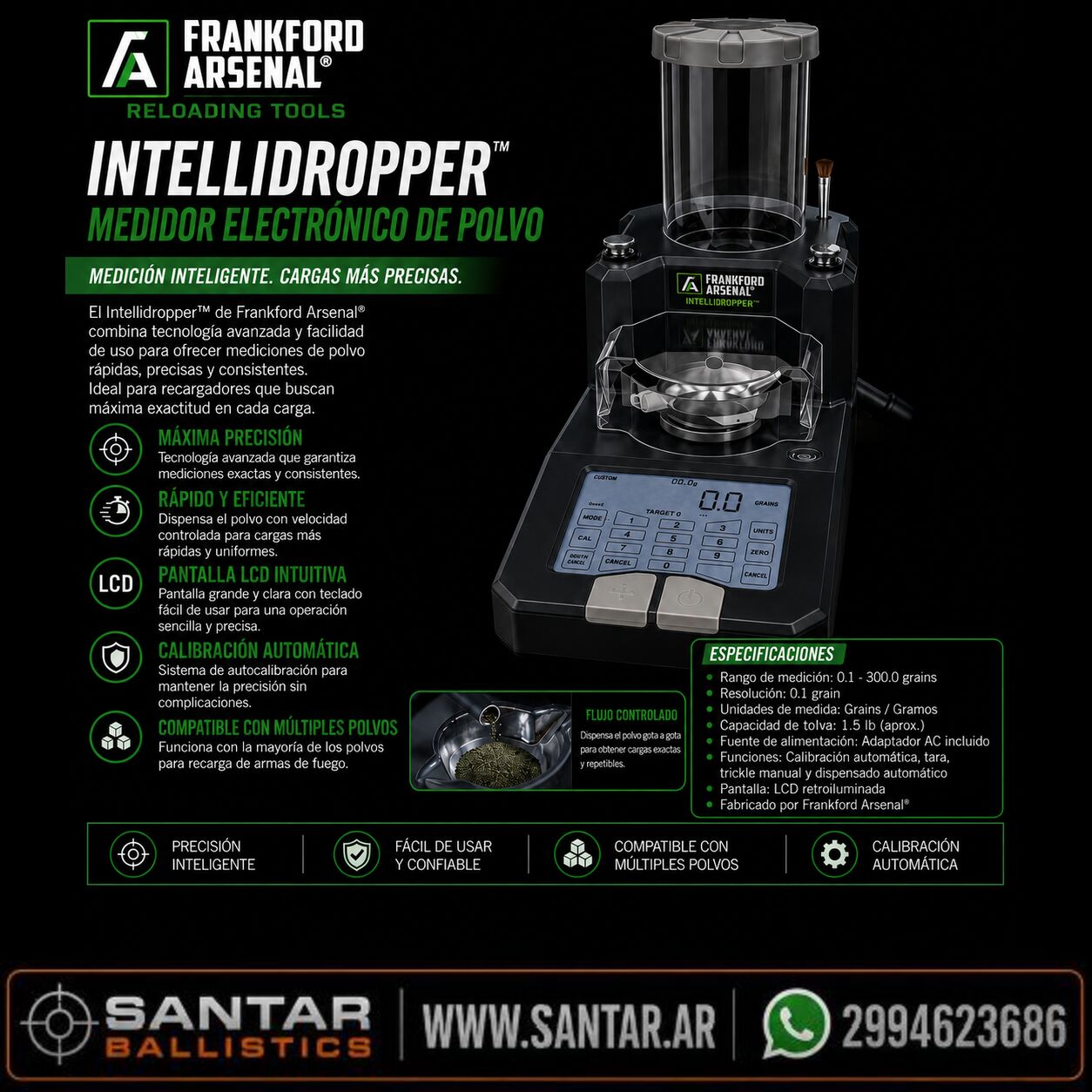 Frankford Arsenal Intellidropper -Dispenser  electrónico de polvora - pantalla LCD - Santar Ballistics