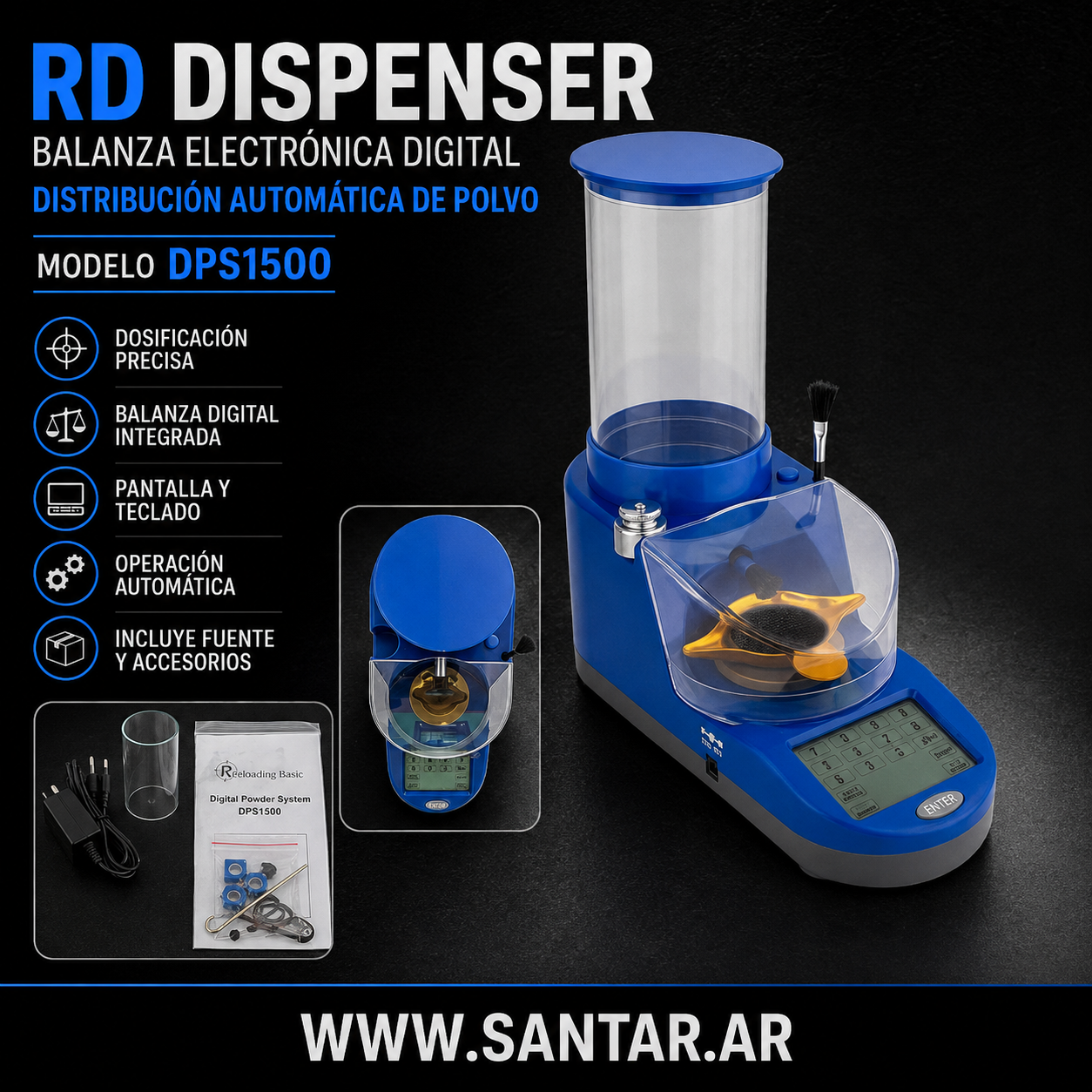 RD Dispenser y abalanza electrónica digital de distribución automática de polvora - Santar Ballistics