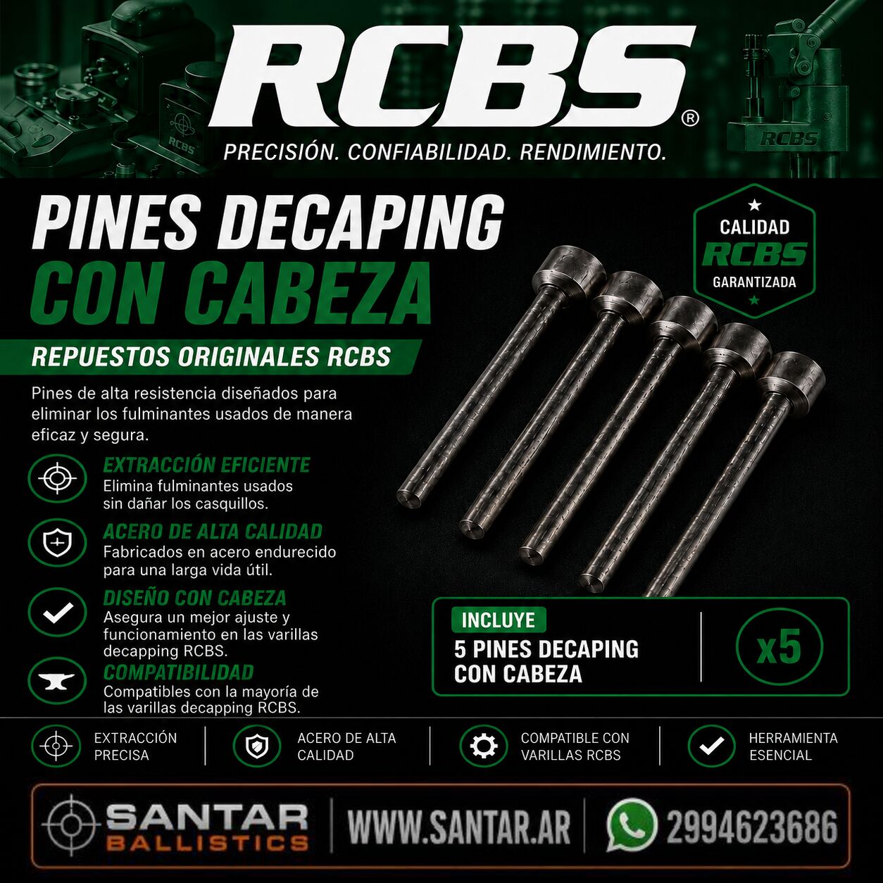 Pines decapping con cabeza, 5 unidades, color negro - Santar Ballistics