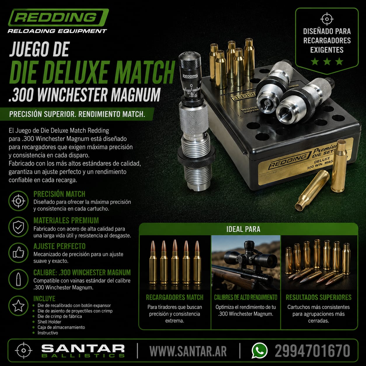 Juego DIE REDDING DELUXE 3 DIE, con micrometro 300WM - Santar Ballistics