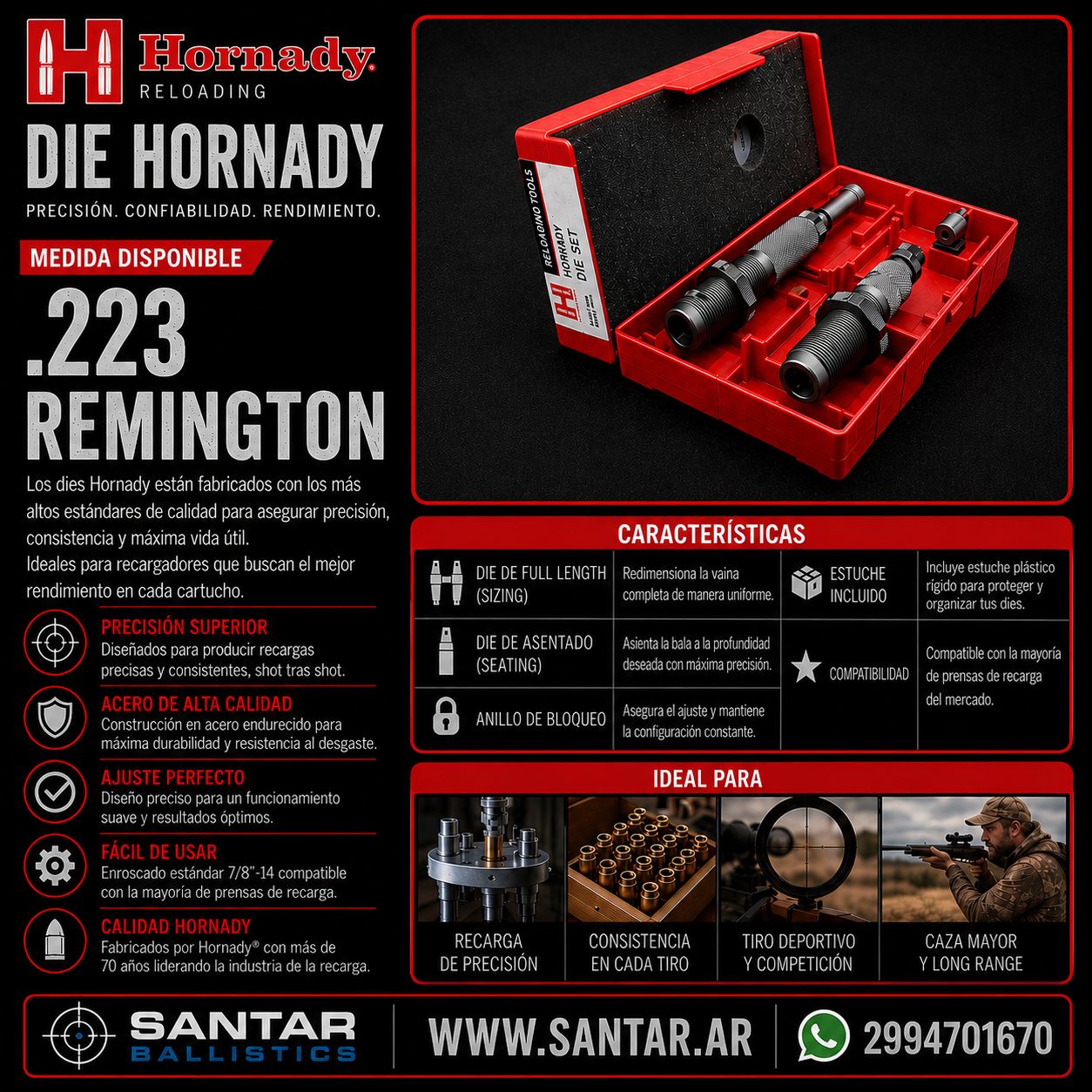 DIE CUSTOM GRADE HORNADY .223 REM - Santar Ballistics