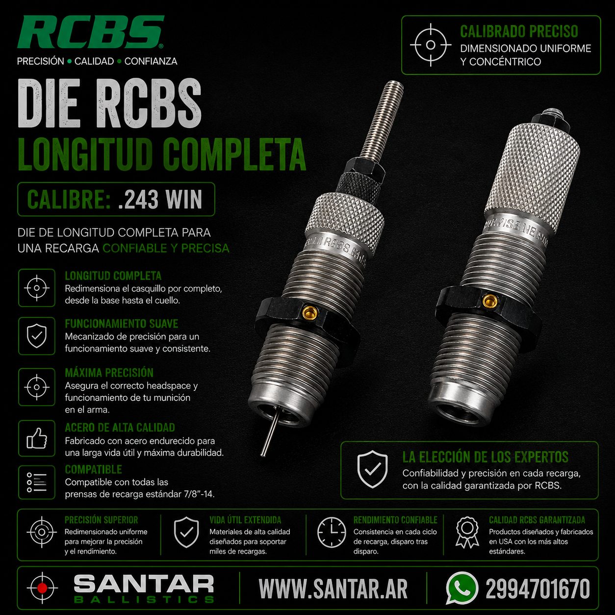 DIE RCBS LONGITUD COMPLETA .243WIN - Santar Ballistics