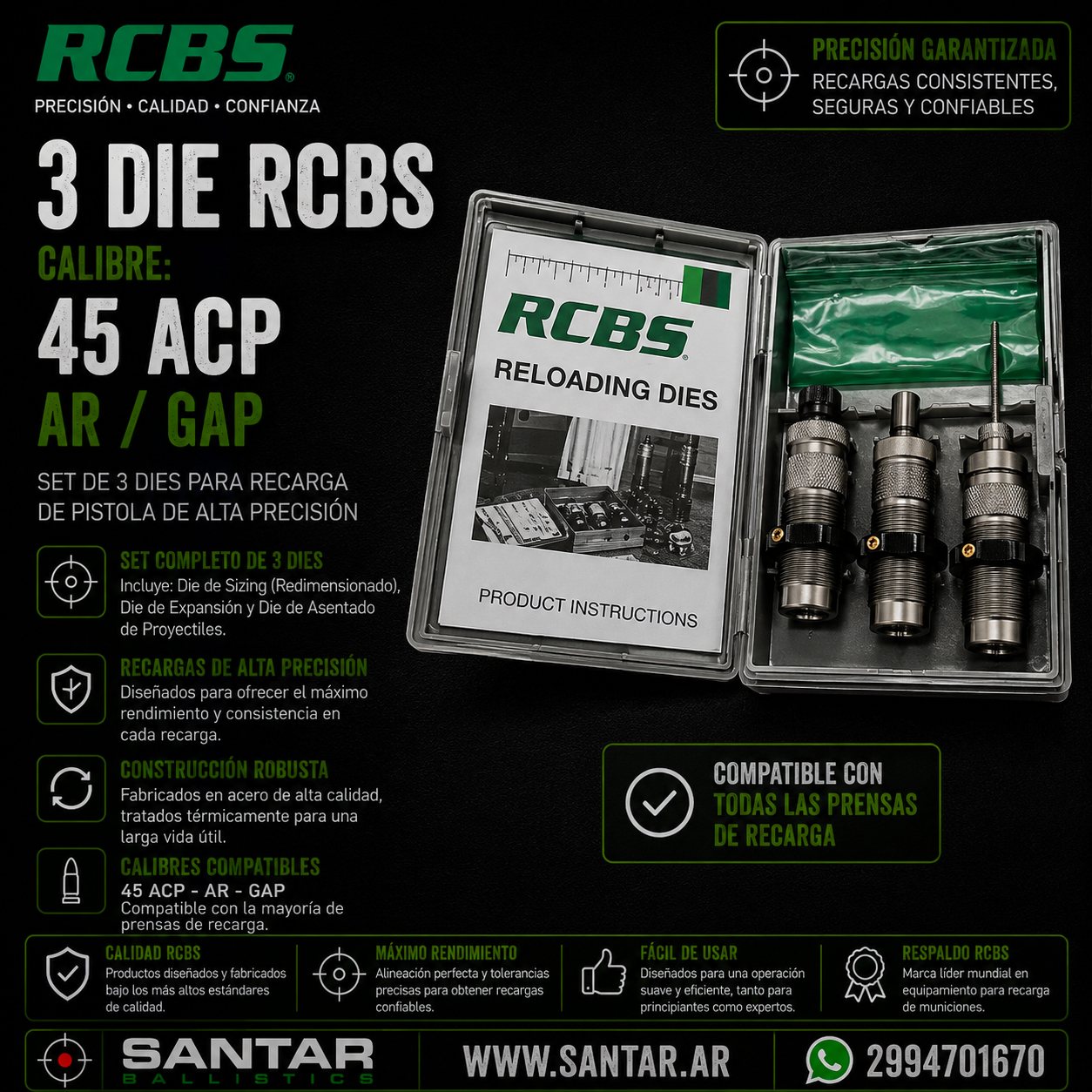 3 DIE RCBS Cal - 45ACP / AR / GAP - Santar Ballistics