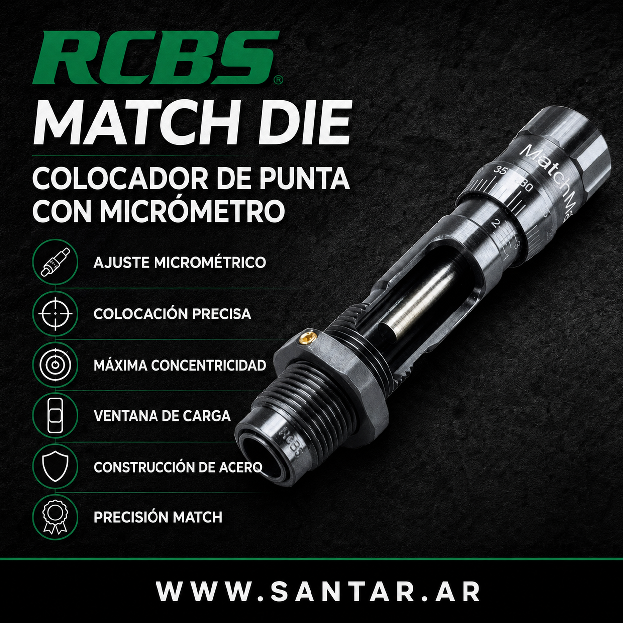 RCBS MATCH DIE - Colocador de punta con micrometro 6.5 Creedmore - Santar Ballistics