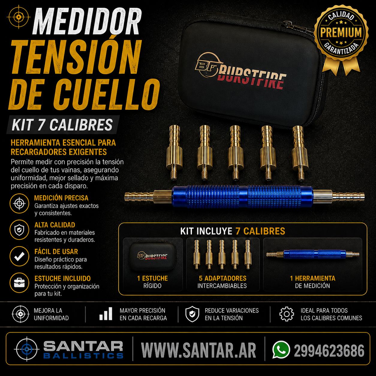 MEDIDOR TENSION DE CUELLO kit 7 calibres - Santar Ballistics