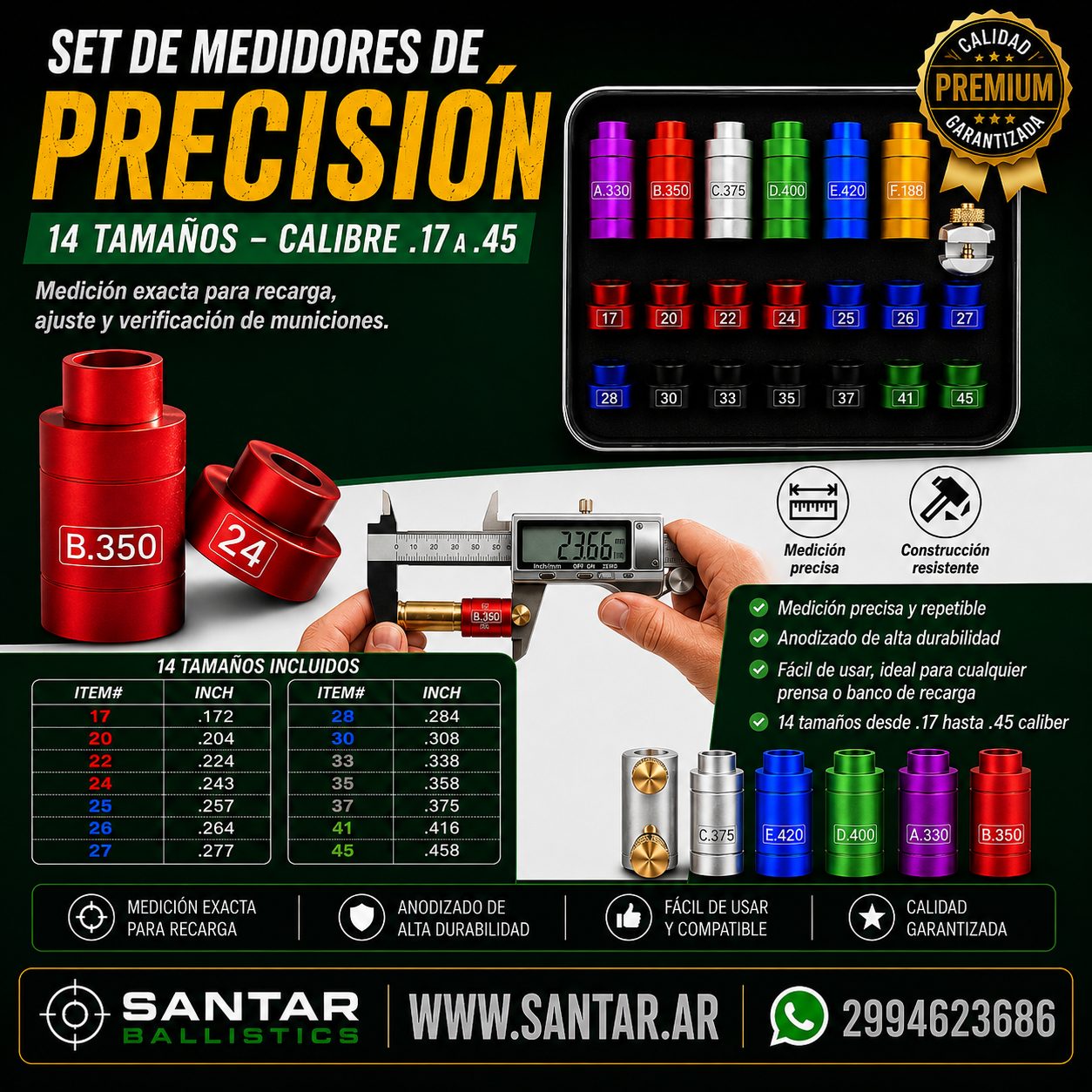 Kit comparador de balas y medidor de espacios de cabeza 14 insertos y 6 bujes - AltitudeCraft - Santar Ballistics