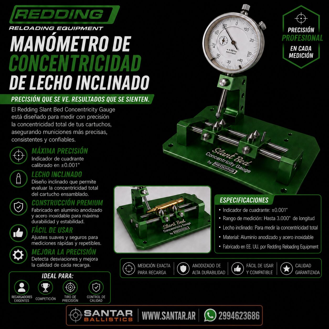 Redding Manómetro de concentricidad de lecho inclinado de recarga, REDDING - Santar Ballistics