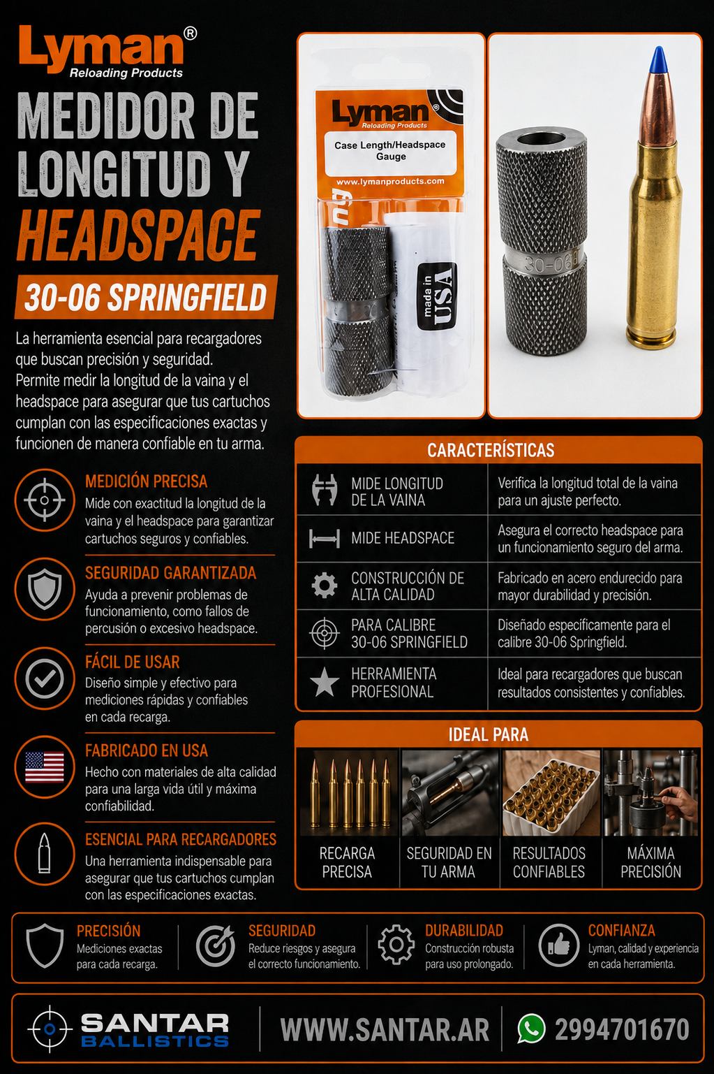 Lyman Reloading 30 06 Springfield - Medidor de longitud y headspace - Santar Ballistics