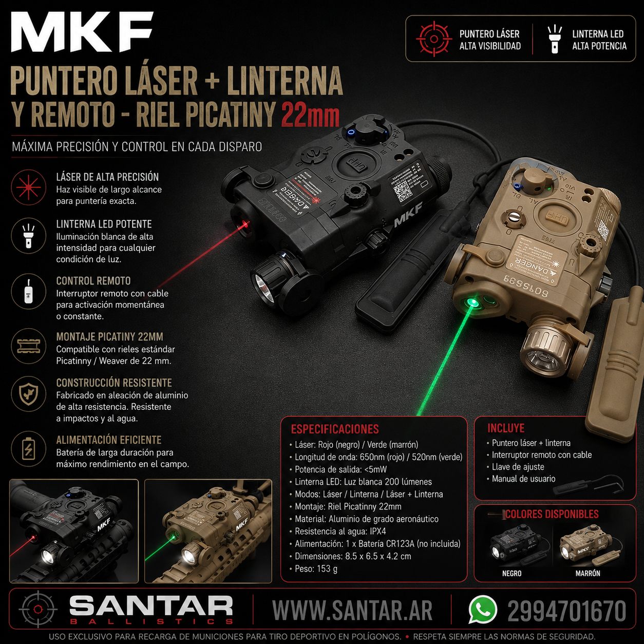 Puntero Laser + linterna y remoto - Riel picatiny de 22mm Negro/Marron - Santar Ballistics