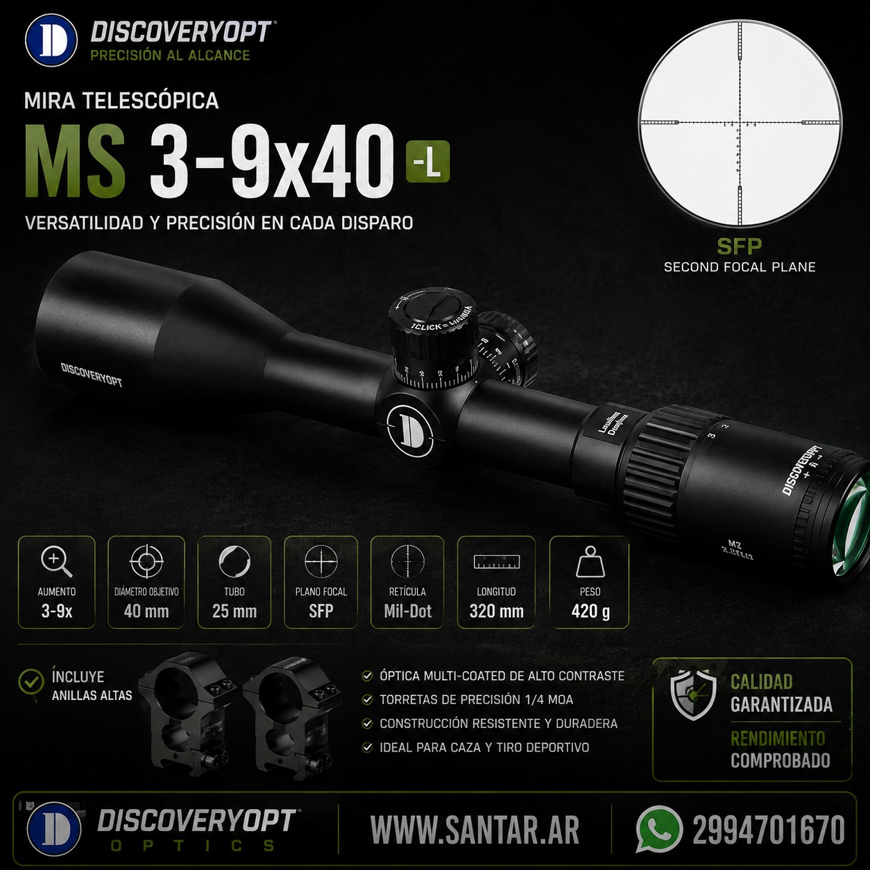 Mira DISCOVERY OPTICS MS3-9x40 - SFP - tubo de 25mm - incluye anillas Altas - Santar Ballistics