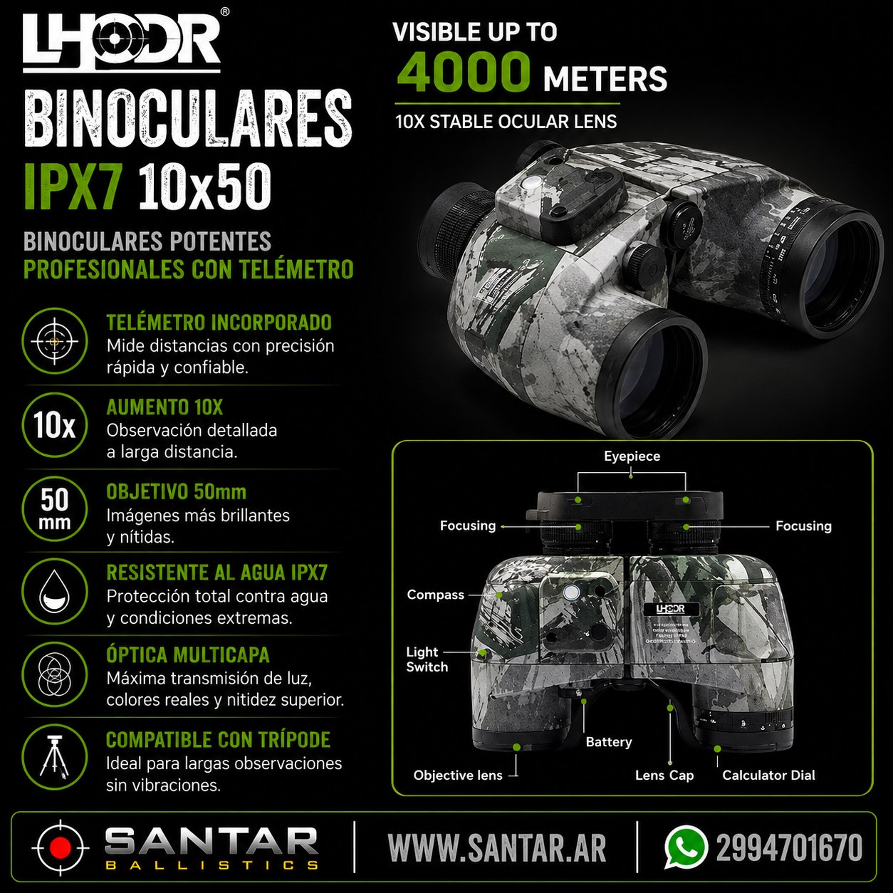 Binoculares LHODR IPX7 10x50 binoculares potentes profesionales con telémetro - Santar Ballistics