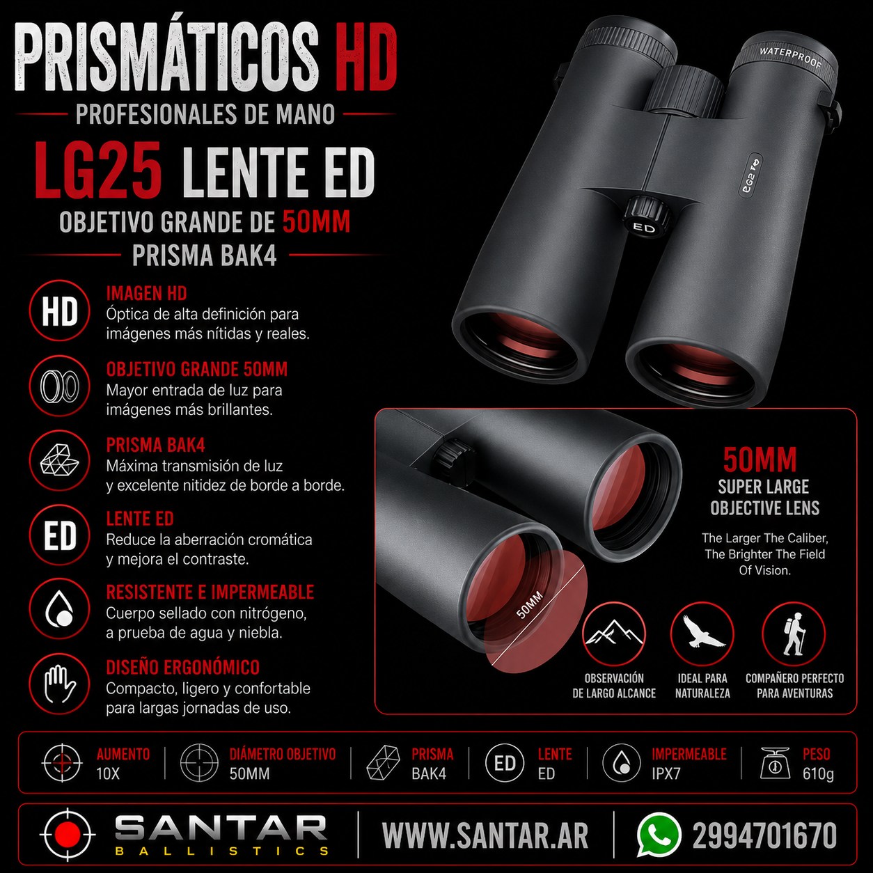Prismáticos HD profesionales de mano LG25, lente ED, objetivo de 50mm, Prisma Bak4 - Santar Ballistics